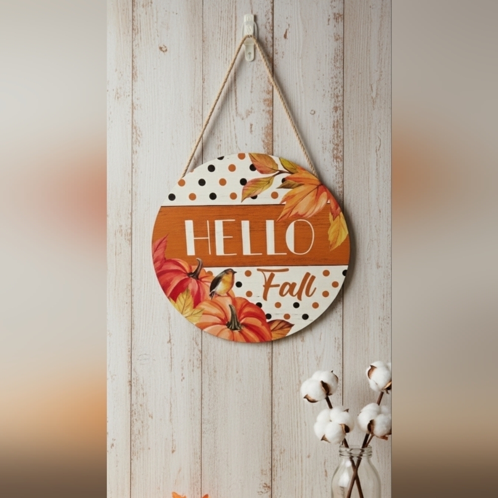 Hello Fall Wooden Plaques,Autumn Paintings Pumpkin Welcome Front Door Sign